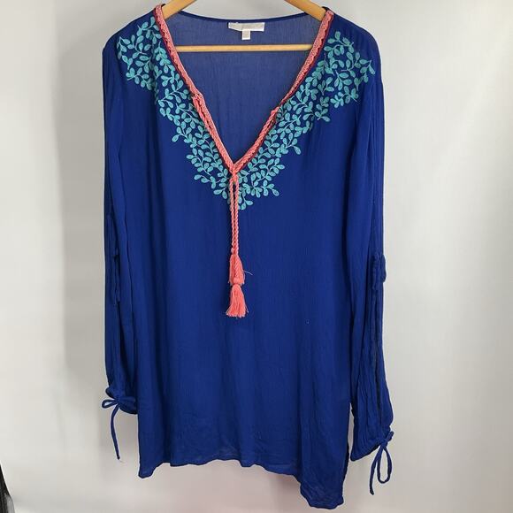 LA BLANCA Embroidered Cover up Dress Blue XS Resortwear Swim Oversized Relaxed - Picture 9 of 11